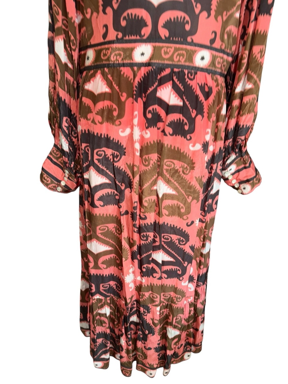 Oliphant Uzbek Coral Printed Shirt Waist Maxi Dress - L - Picture 9 of 11